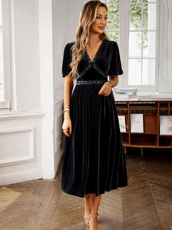 elegant V-neck short-sleeved velvet dress