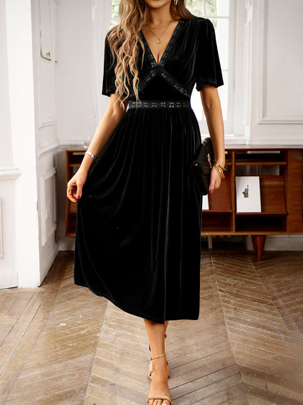 elegant V-neck short-sleeved velvet dress