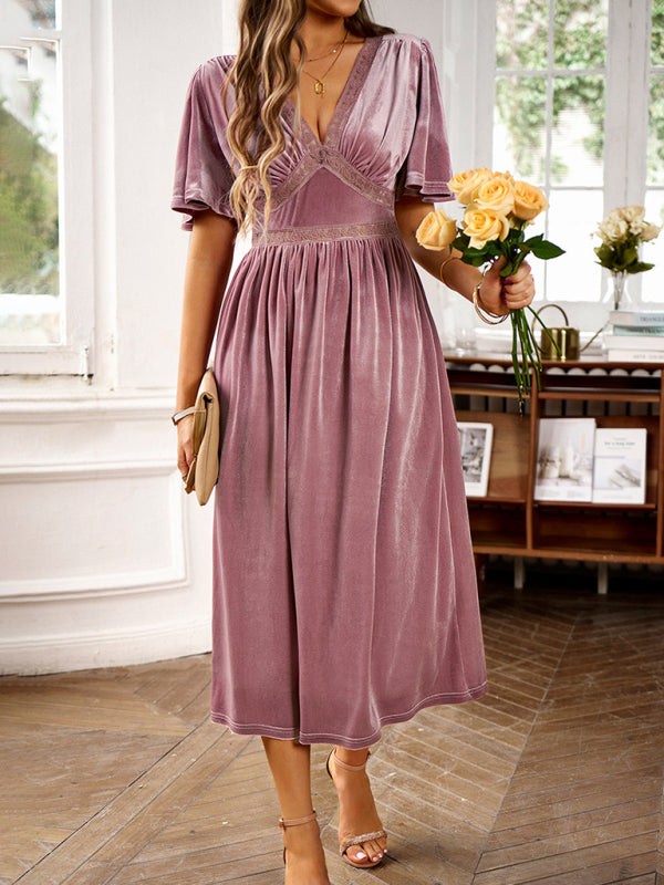 elegant V-neck short-sleeved velvet dress