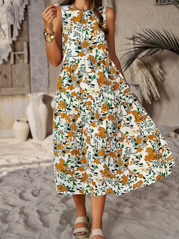 halter neck loose holiday multi-layer print dress