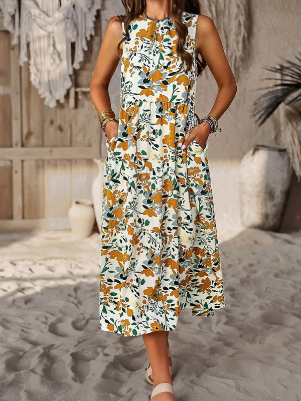 halter neck loose holiday multi-layer print dress