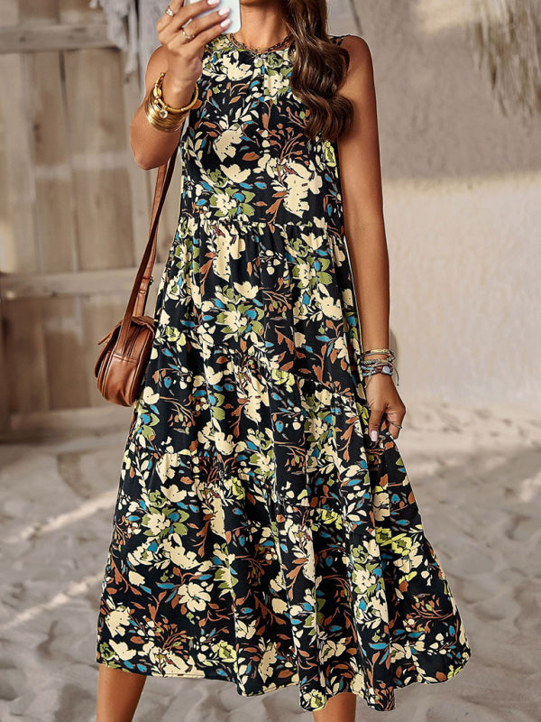 halter neck loose holiday multi-layer print dress
