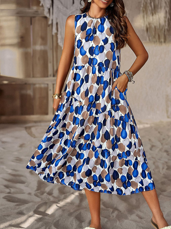 halter neck loose holiday multi-layer print dress