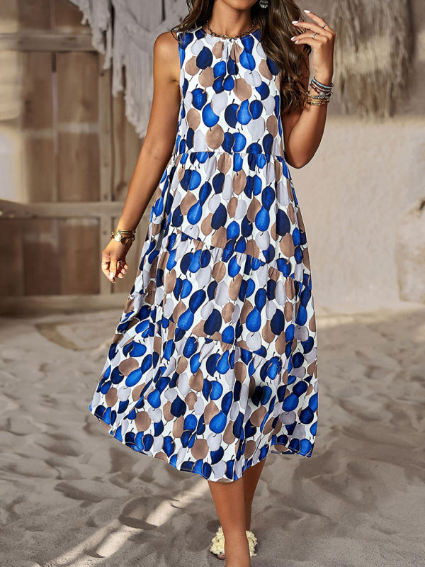 halter neck loose holiday multi-layer print dress