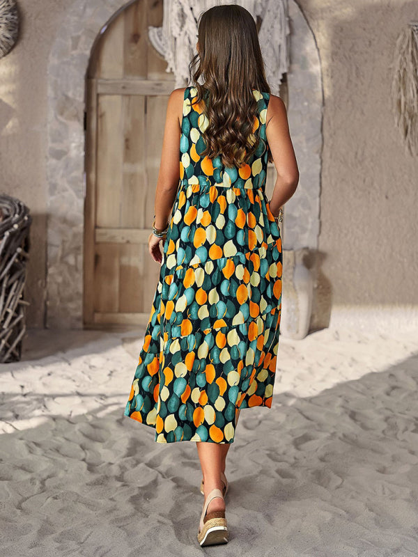 halter neck loose holiday multi-layer print dress