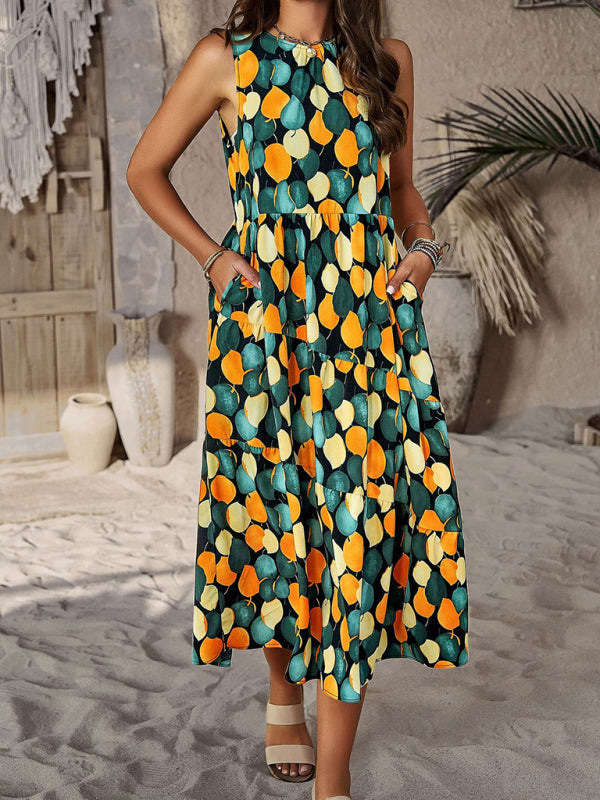 halter neck loose holiday multi-layer print dress