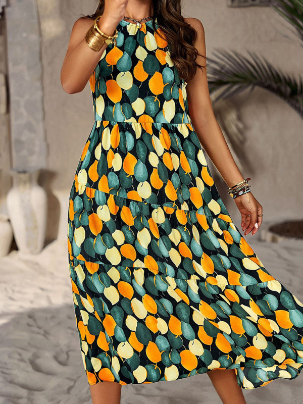 halter neck loose holiday multi-layer print dress
