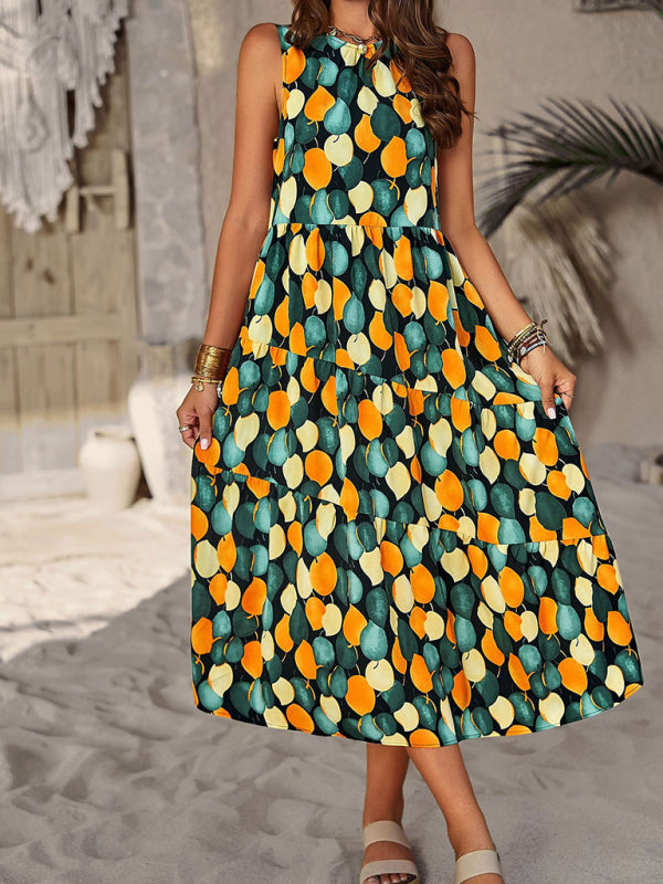 halter neck loose holiday multi-layer print dress