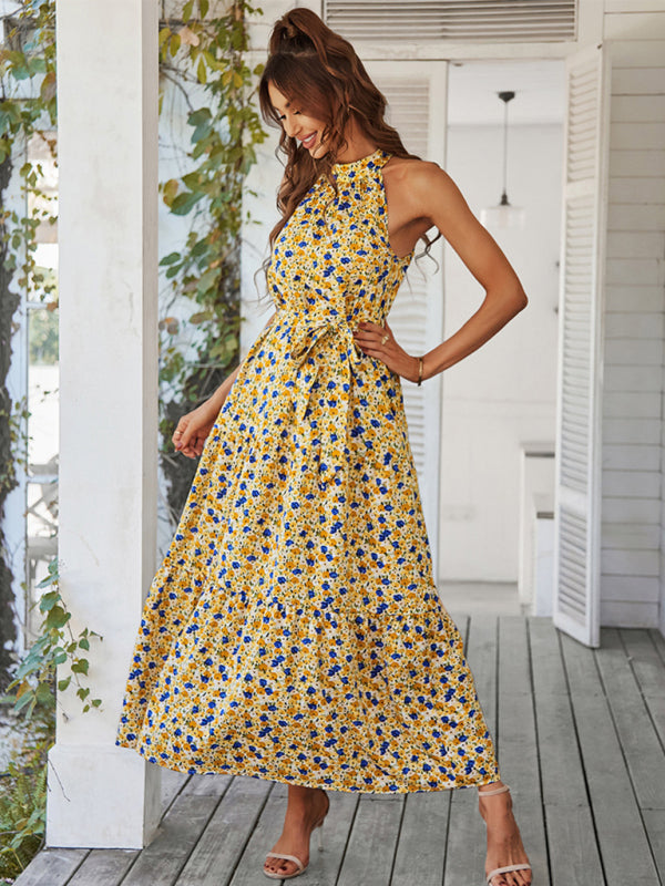 Multi-tiered floral-print resort dress with swing