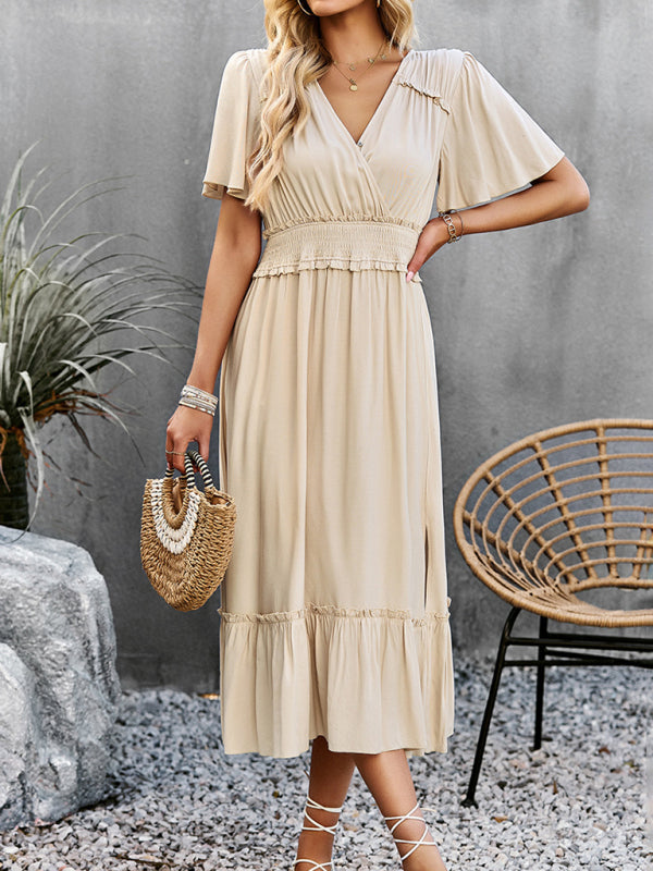 V-neck dress elegant waist slit long skirt