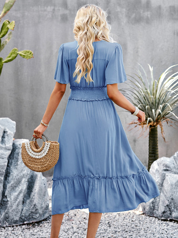 V-neck dress elegant waist slit long skirt