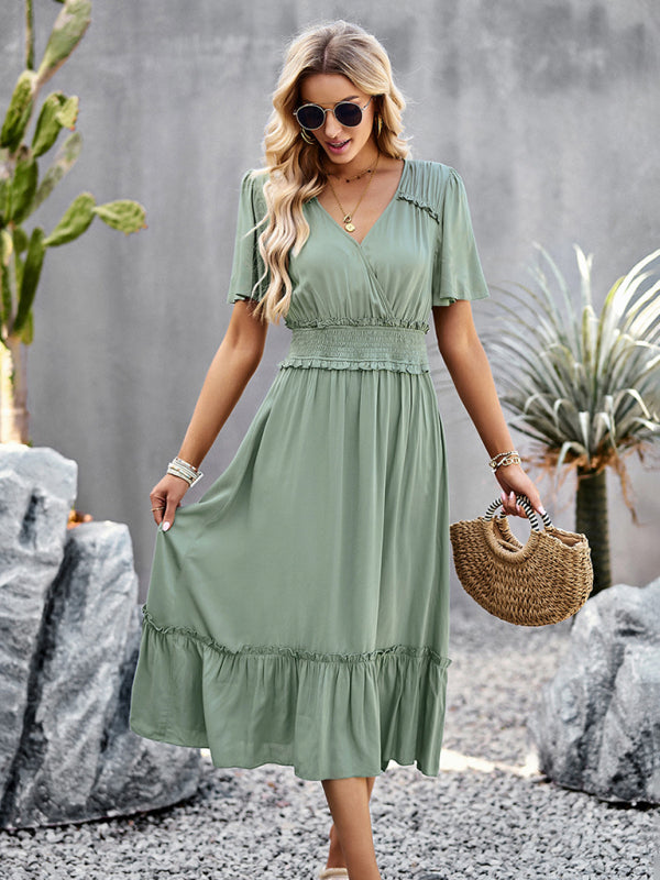 V-neck dress elegant waist slit long skirt