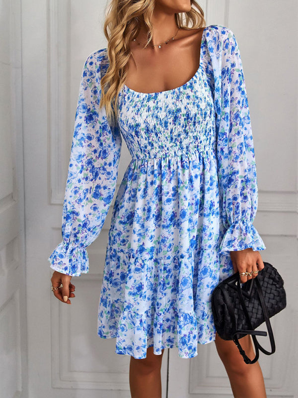 Bohemian print stretch elastic square neck long-sleeved dress