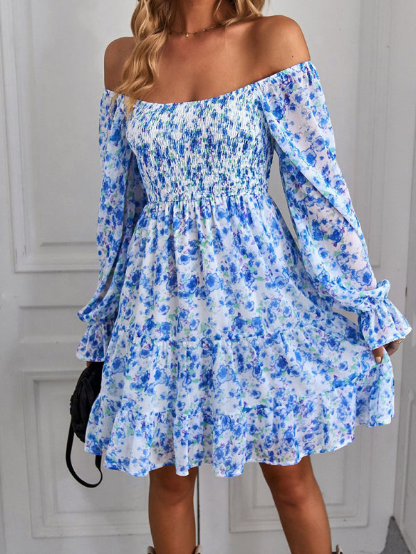 Bohemian print stretch elastic square neck long-sleeved dress