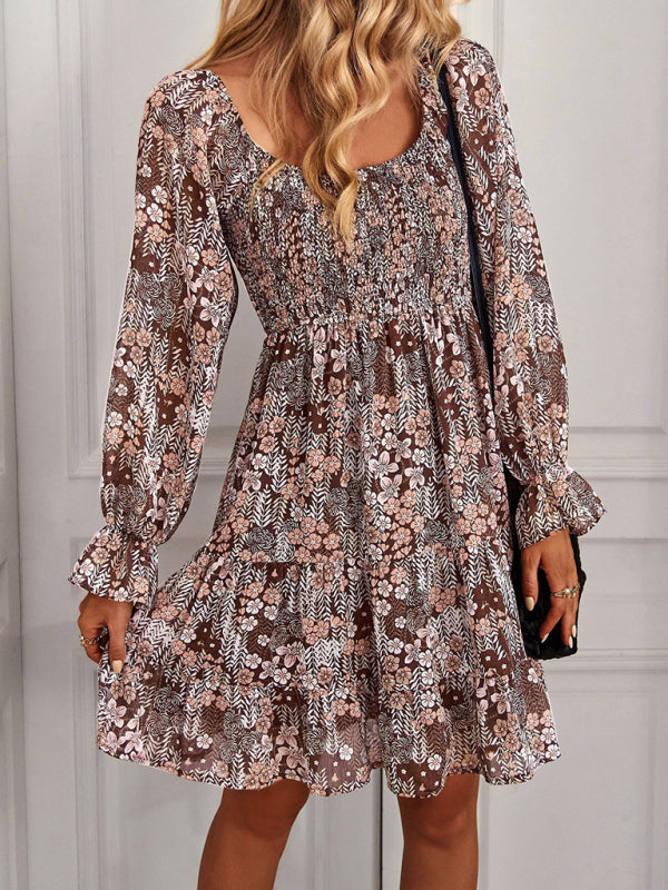 Bohemian print stretch elastic square neck long-sleeved dress