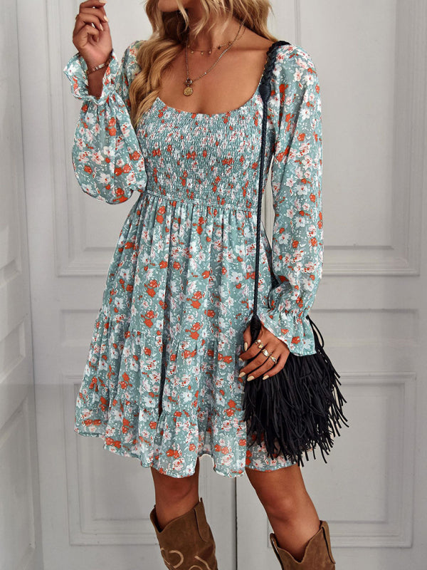 Bohemian print stretch elastic square neck long-sleeved dress