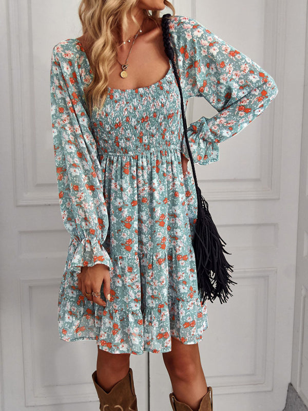 Bohemian print stretch elastic square neck long-sleeved dress