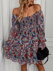 Bohemian print stretch elastic square neck long-sleeved dress