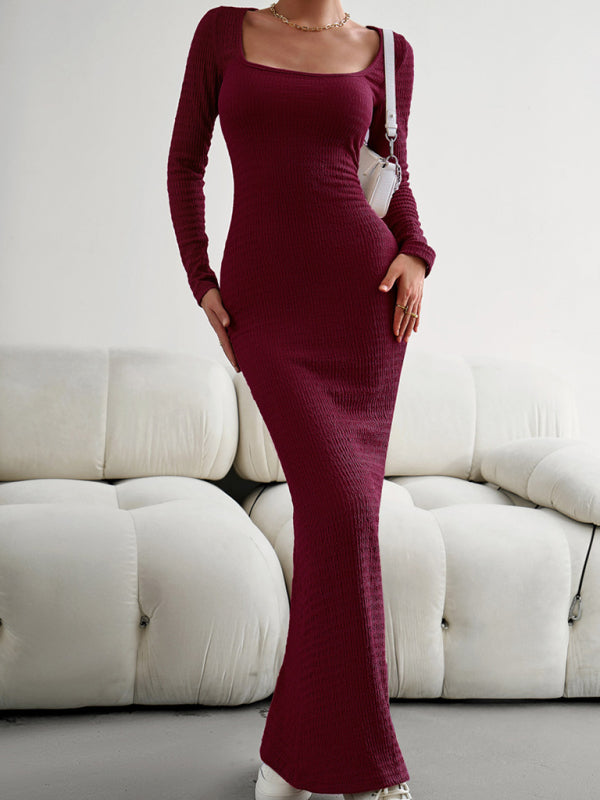Ladies Fit Square Neck Long Sleeve Knitted Dress
