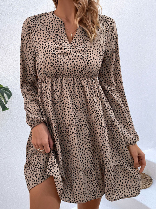 Pleated leopard-print puff-sleeved long-sleeved layered skirt dress