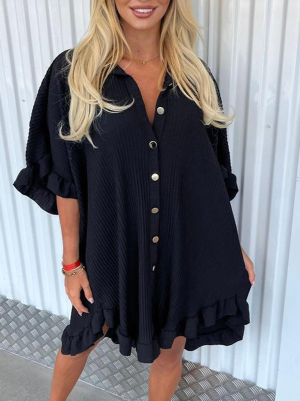Solid Color Shirt Dress Ruffle Sleeve Irregular Shirt Dress