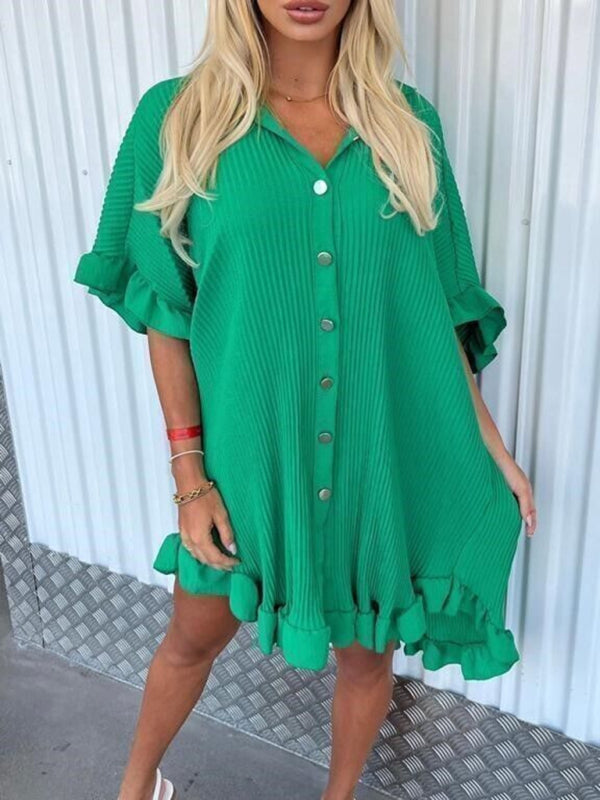 Solid Color Shirt Dress Ruffle Sleeve Irregular Shirt Dress