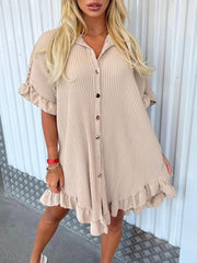 Solid Color Shirt Dress Ruffle Sleeve Irregular Shirt Dress