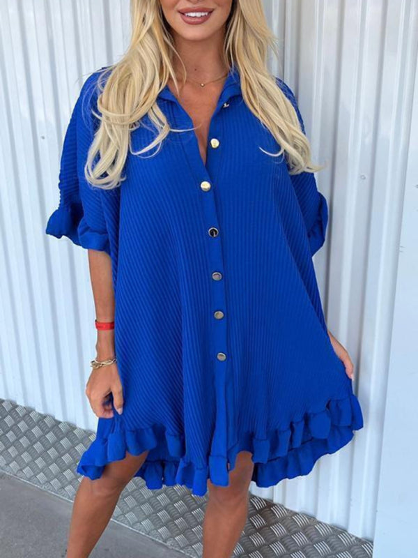 Solid Color Shirt Dress Ruffle Sleeve Irregular Shirt Dress