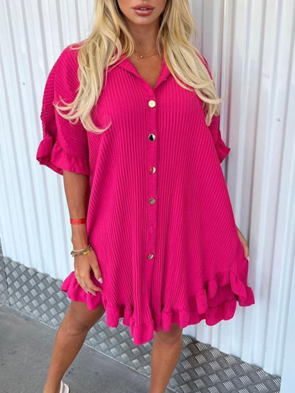 Solid Color Shirt Dress Ruffle Sleeve Irregular Shirt Dress