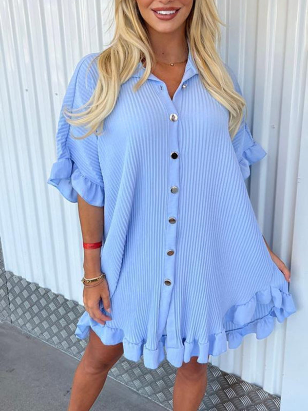 Solid Color Shirt Dress Ruffle Sleeve Irregular Shirt Dress
