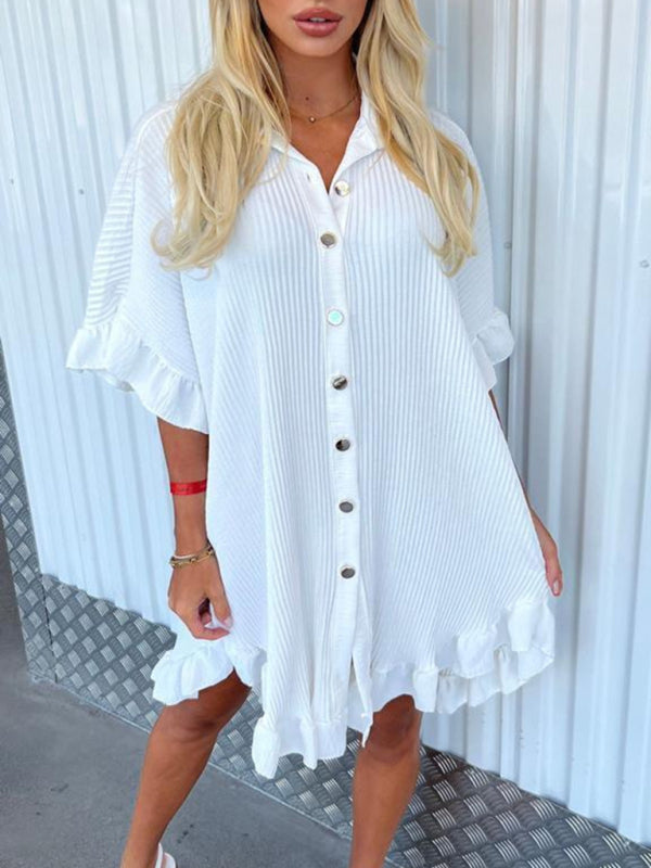 Solid Color Shirt Dress Ruffle Sleeve Irregular Shirt Dress