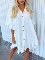 Solid Color Shirt Dress Ruffle Sleeve Irregular Shirt Dress