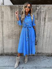 Denim Casual High Waist Pocket Lapel Dress