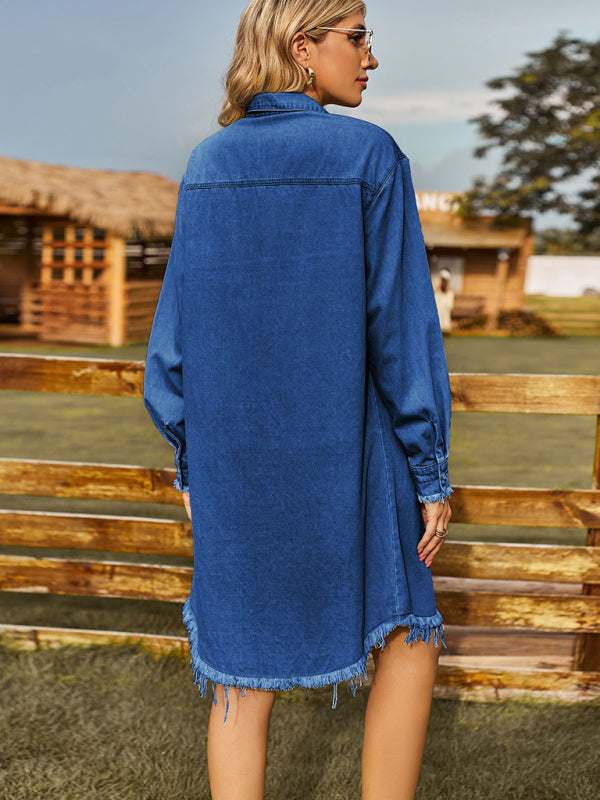 Retro Washed Denim Loose Casual Long Sleeve Raw Edge Dress
