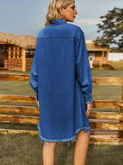 Retro Washed Denim Loose Casual Long Sleeve Raw Edge Dress