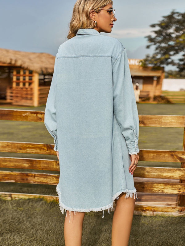Retro Washed Denim Loose Casual Long Sleeve Raw Edge Dress