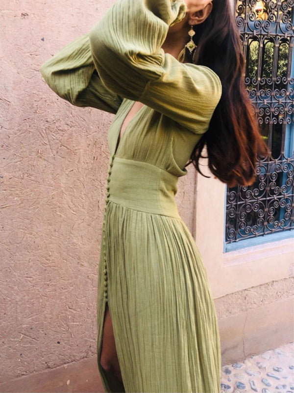 French retro V-neck waist pleats loose slit temperament long-sleeved dress