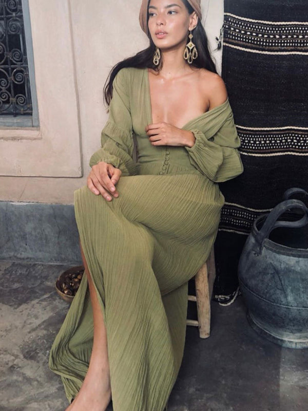 French retro V-neck waist pleats loose slit temperament long-sleeved dress