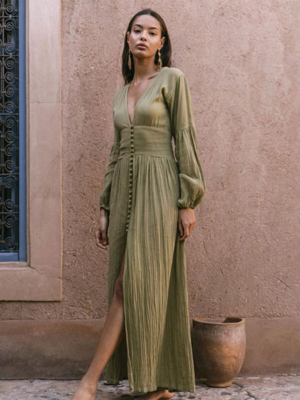 French retro V-neck waist pleats loose slit temperament long-sleeved dress