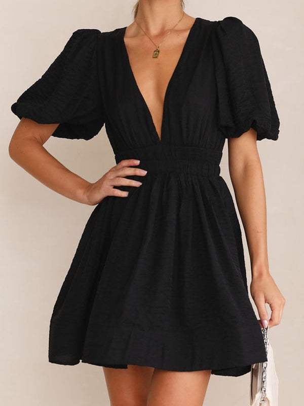 style short skirt sexy V-neck lantern sleeve waist princess dress