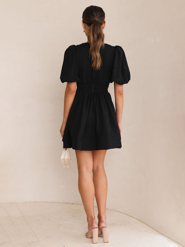 style short skirt sexy V-neck lantern sleeve waist princess dress