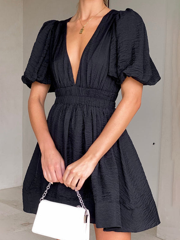 style short skirt sexy V-neck lantern sleeve waist princess dress