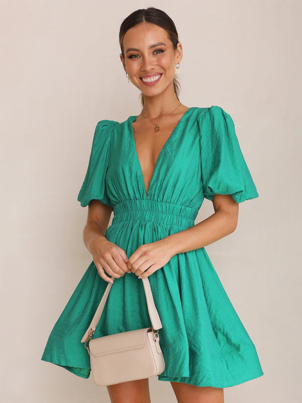style short skirt sexy V-neck lantern sleeve waist princess dress