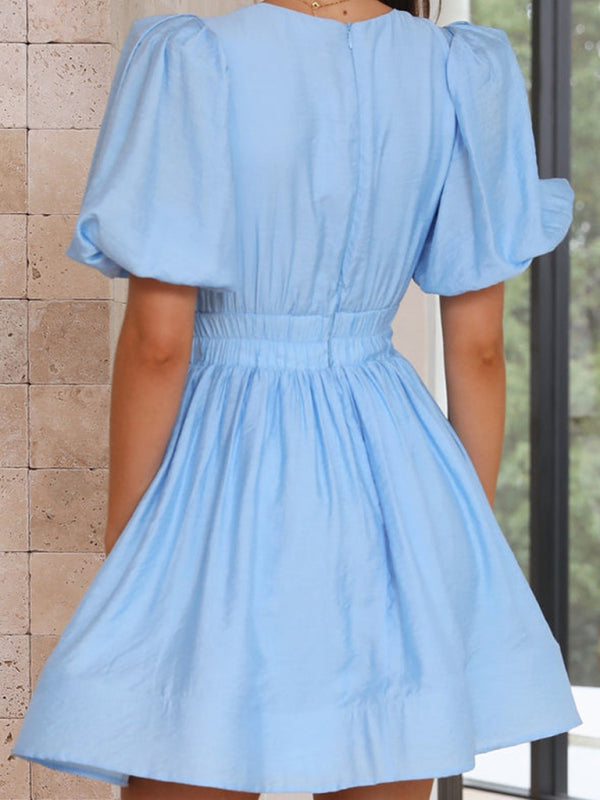 style short skirt sexy V-neck lantern sleeve waist princess dress