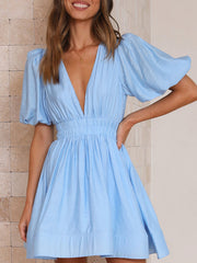 style short skirt sexy V-neck lantern sleeve waist princess dress