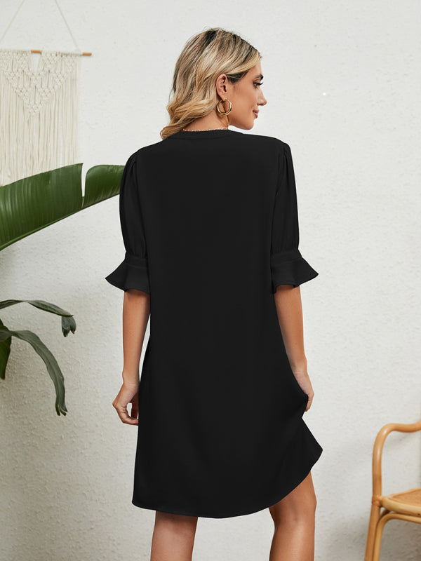 solid color V-neck loose gathered five-quarter sleeve dress