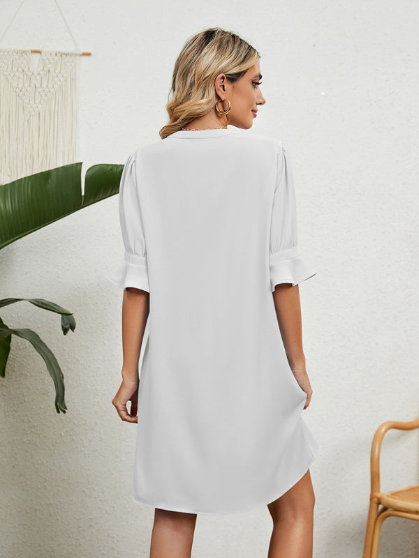 solid color V-neck loose gathered five-quarter sleeve dress