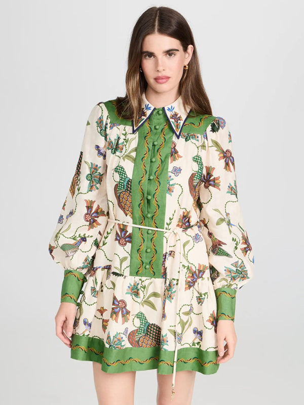 long-sleeve printed lapel loose tie casual dress