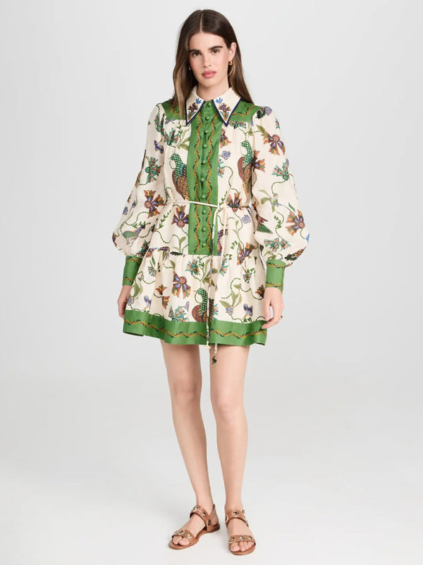 long-sleeve printed lapel loose tie casual dress
