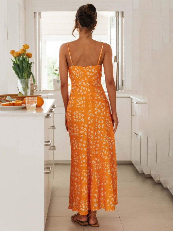 sexy slim-fit suspender V-neck printed backless long dress